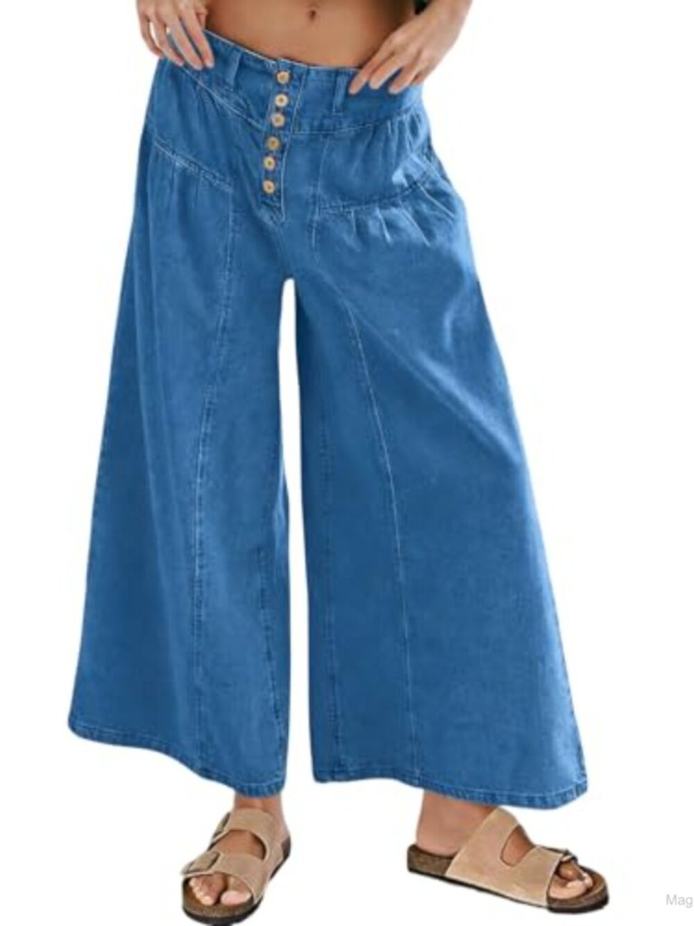 CHARTOU Flare Wide Leg Cropped Mid Rise Jeans Pleated Ruffle Denim Pants